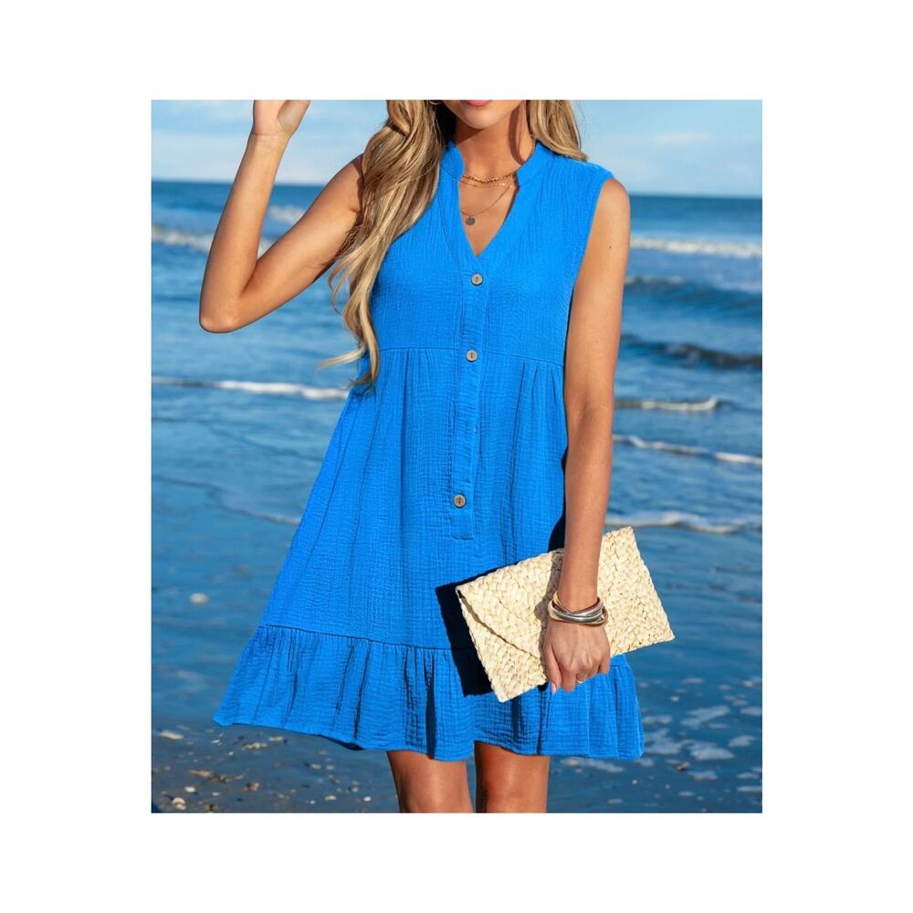Cupshe Womens Plus XXL Sapphire Sea Blue Beach Cover Up Cotton Mini Dress NWT